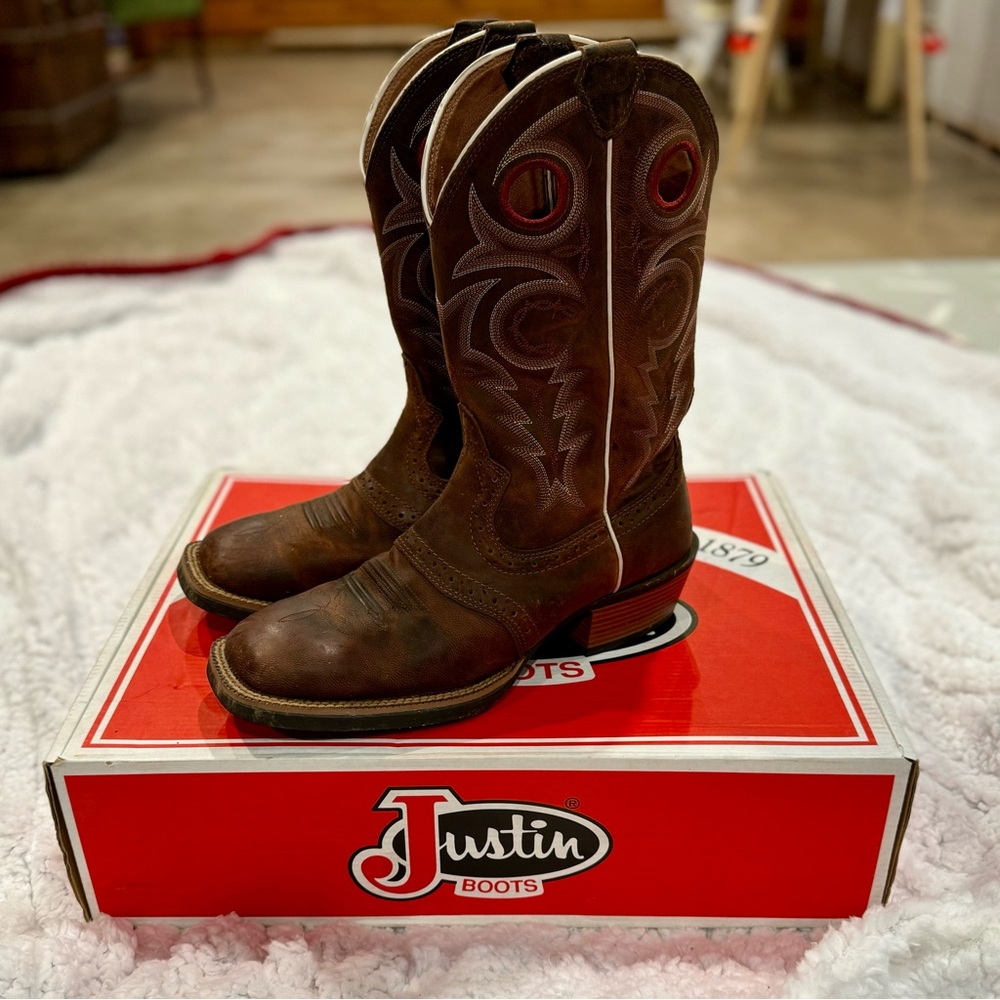 Justin Cowboy Western Boots Silver Collection Men’s Square Toe Light Coffee 8.5D